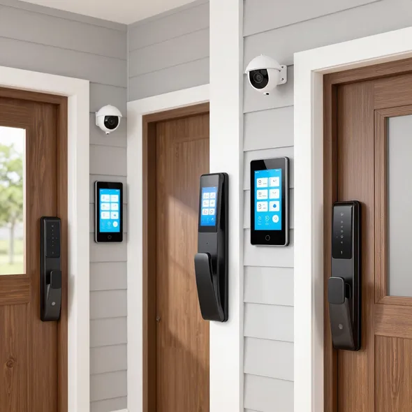 Smart door locks and access control panels on residential entry doors